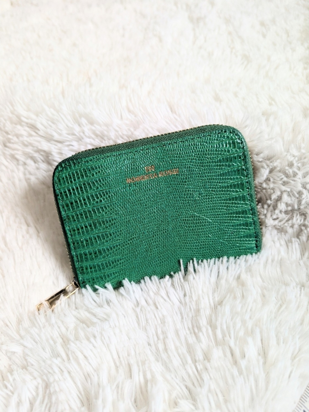Roberta Rossi Emerald Green Leather Zipper Card Wallet with Gold Hardware